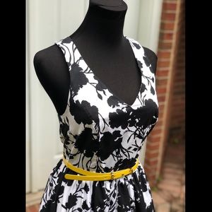 Black and White Dress with Pockets and Yellow Belt